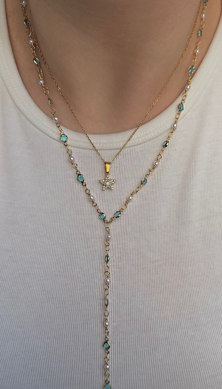 Y Model Mavi Taşlı Zincir - Mond Jewelry